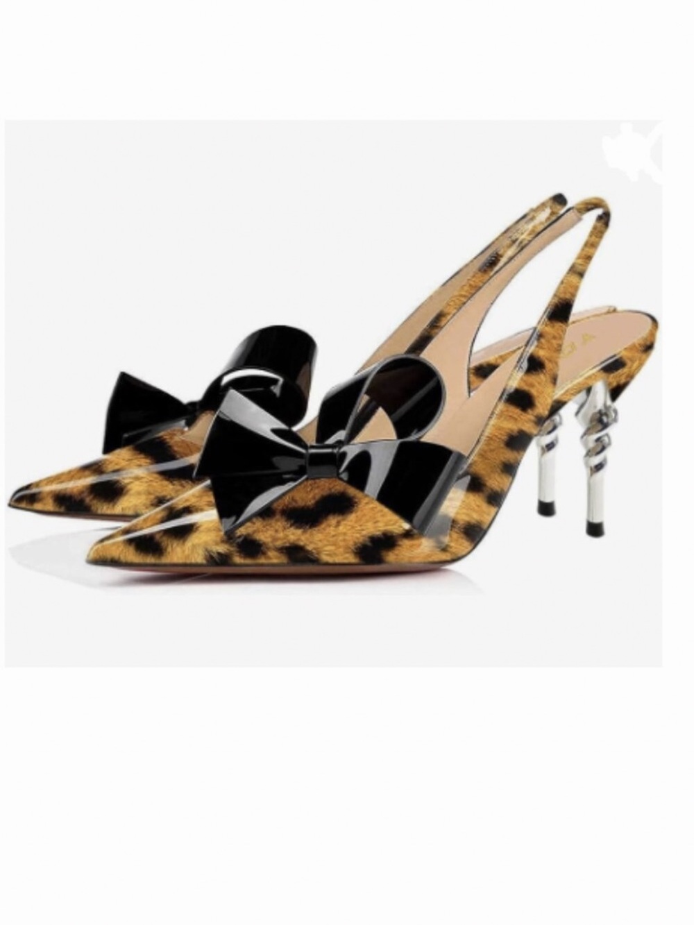 YDN Leopard Print Slingback Heels with Black Patent Bow